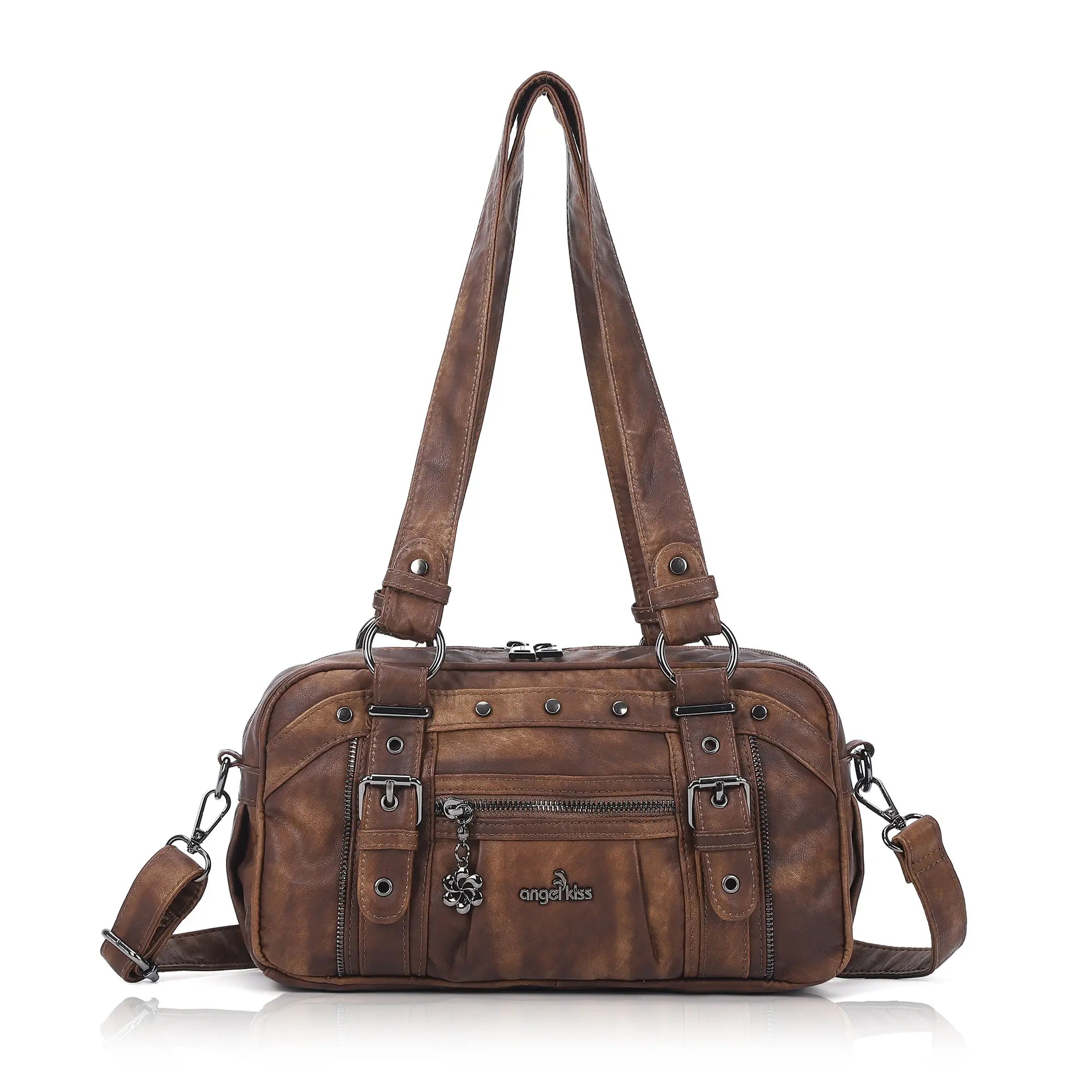 Vintage Soft Leather Boston Bag - Studded Barrel Shoulder Handbag
