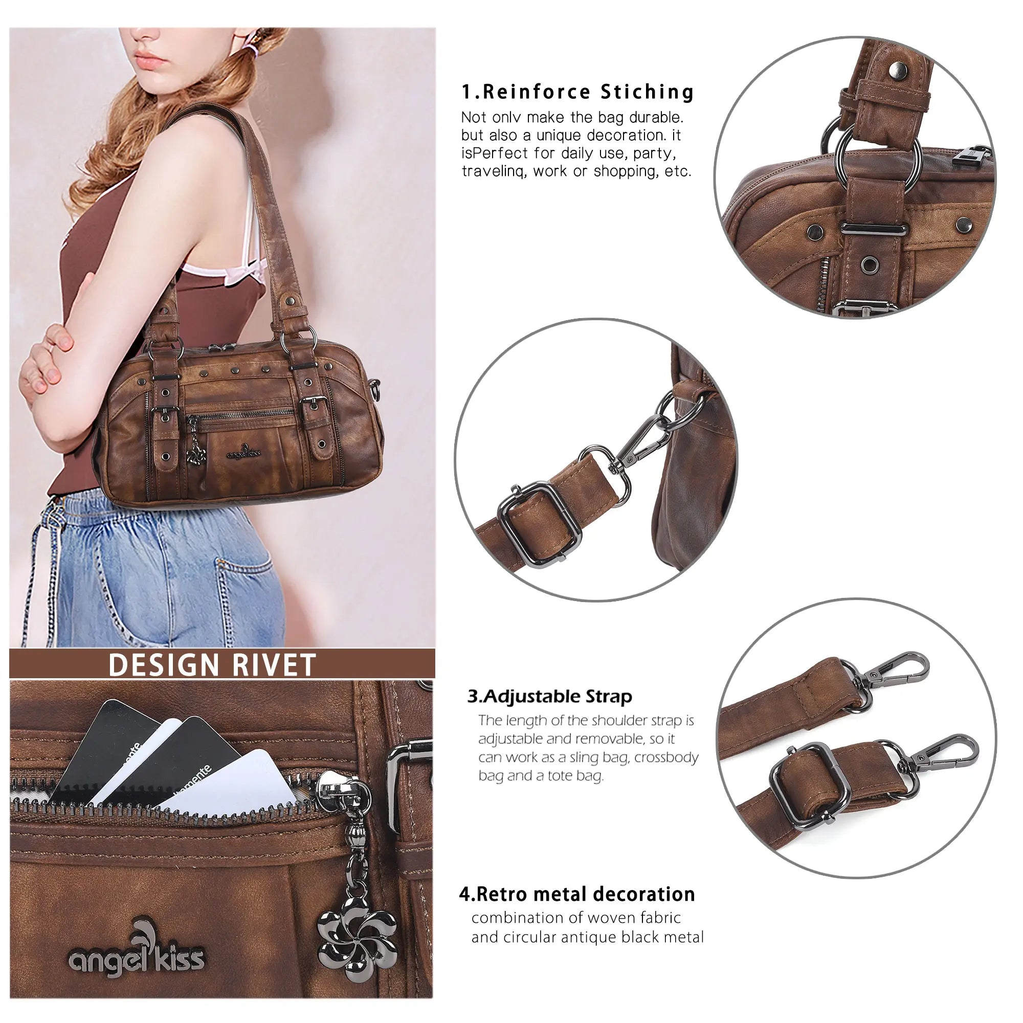 Vintage Soft Leather Boston Bag - Studded Barrel Shoulder Handbag