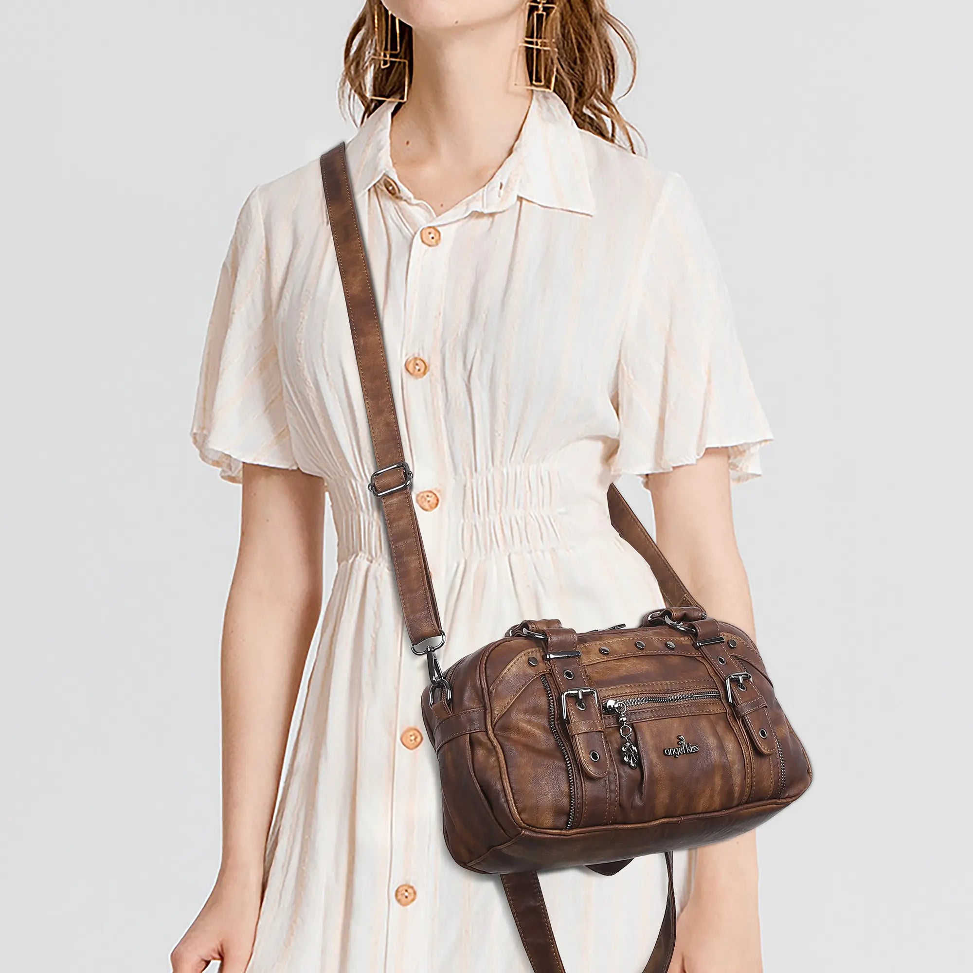 Vintage Soft Leather Boston Bag - Studded Barrel Shoulder Handbag