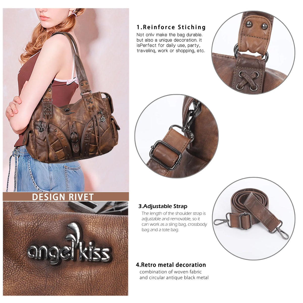 Y2K Vintage Moto Multi-Pocket Shoulder Bag – Slouchy Everyday Purse