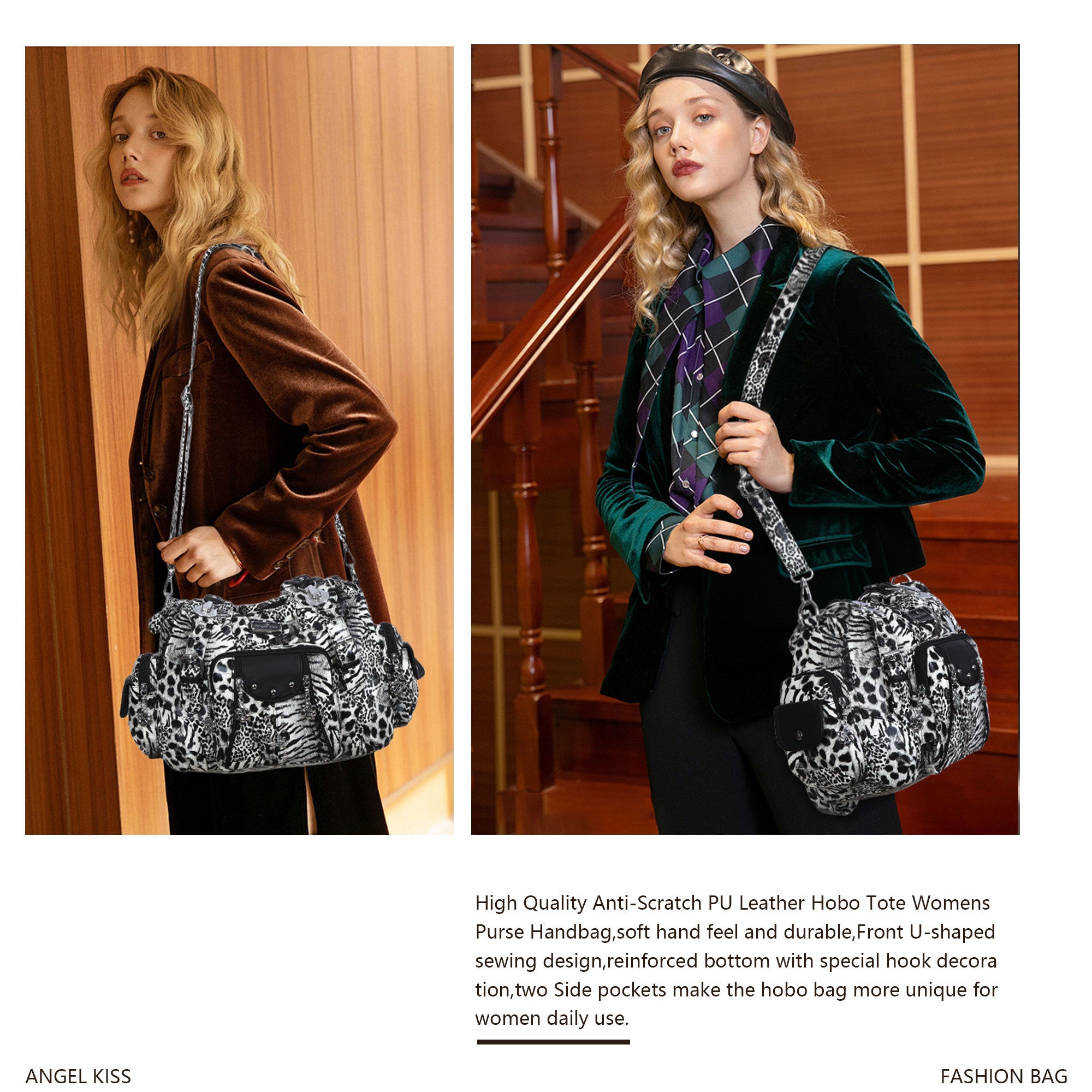 Washed leopard print PU multi-pocket shoulder bag for women-Angelkiss Bag
