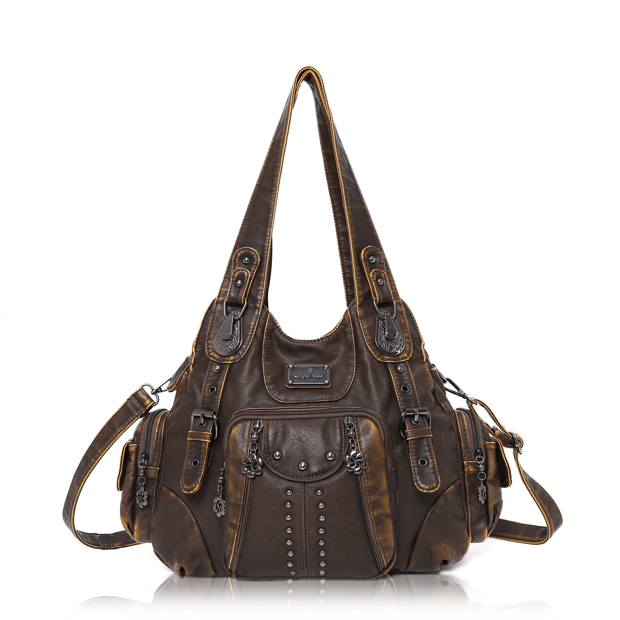 Washed PU solid color vintage large capacity shoulder bag-Angelkiss Bag