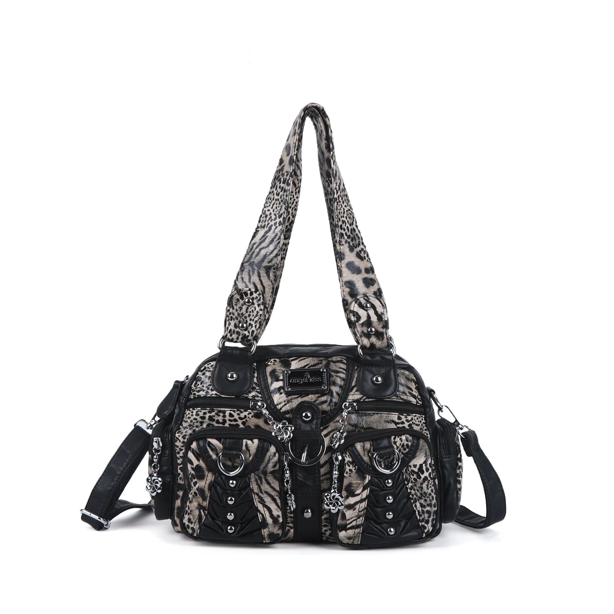 Edgy Leopard Print Satchel – Punk Rock Studded Shoulder Bag