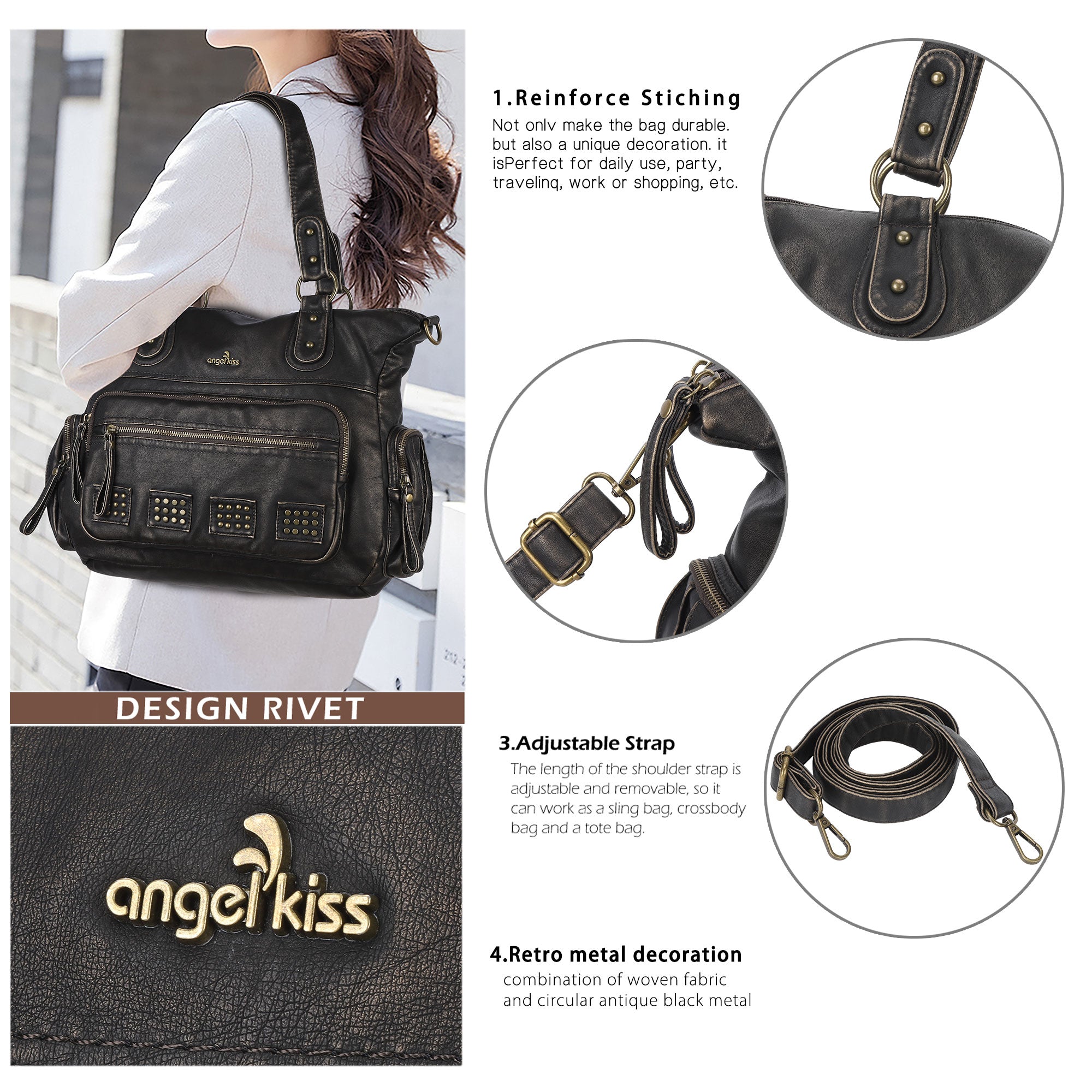 Oversized Slouchy Multi Pocket Tote Bag with Adjustable Strap