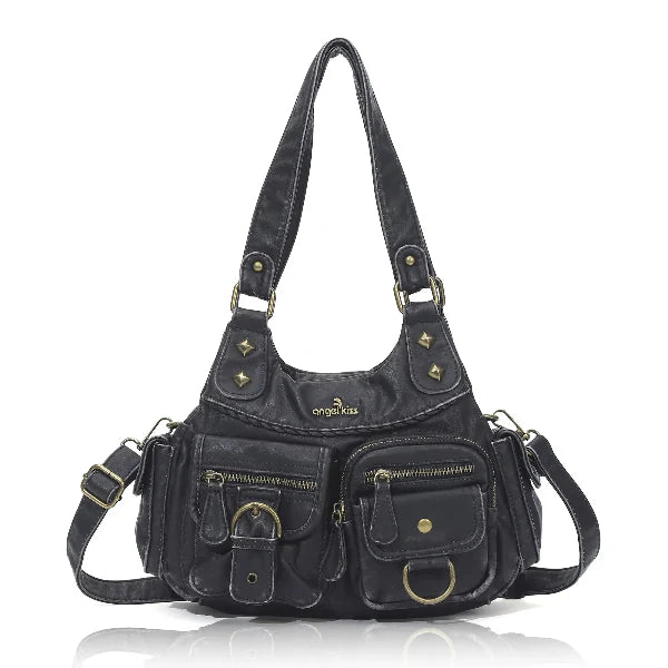 Y2K Utility Washed Shoulder Bag - Multi-Pocket Crossbody