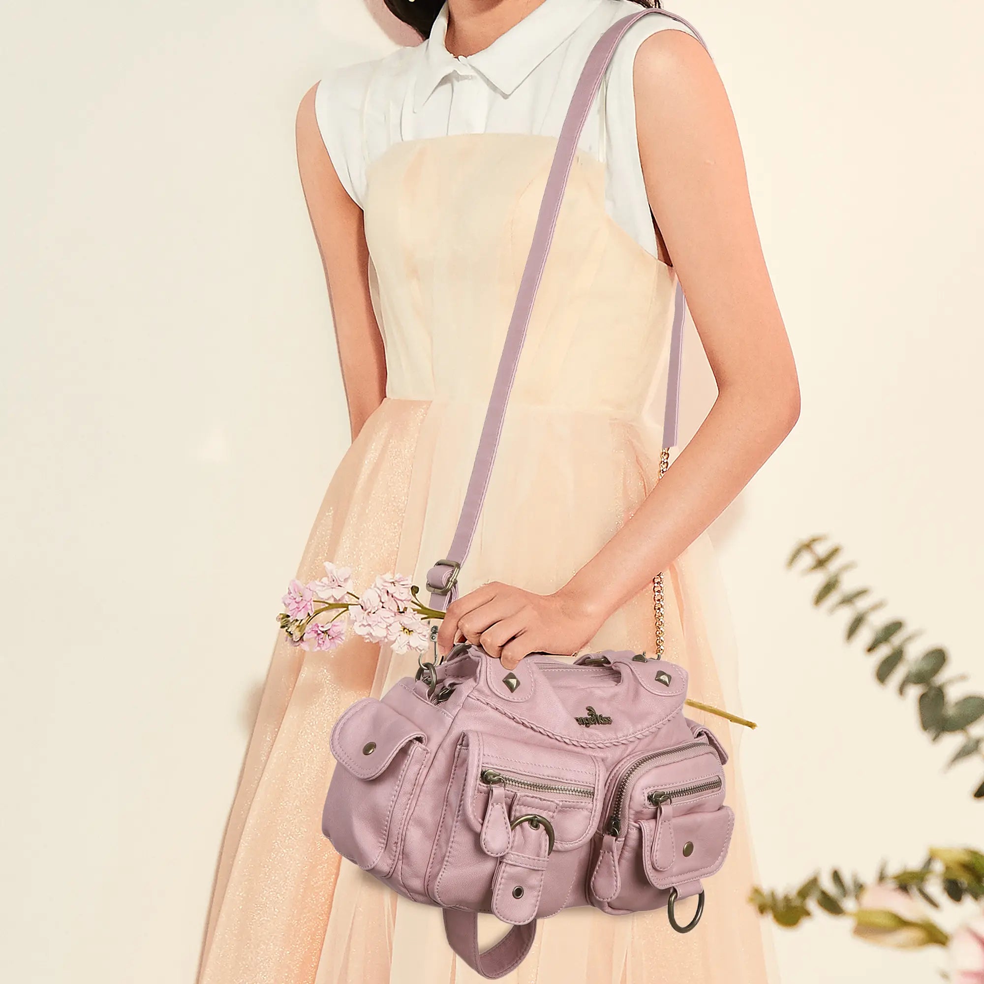 Y2K Utility Washed Shoulder Bag - Multi-Pocket Crossbody