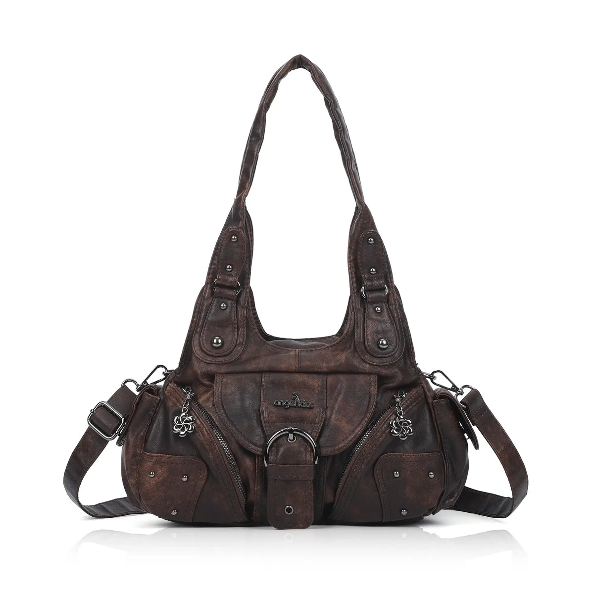Vintage Moto Buckle-Front Hobo Shoulder Bag
