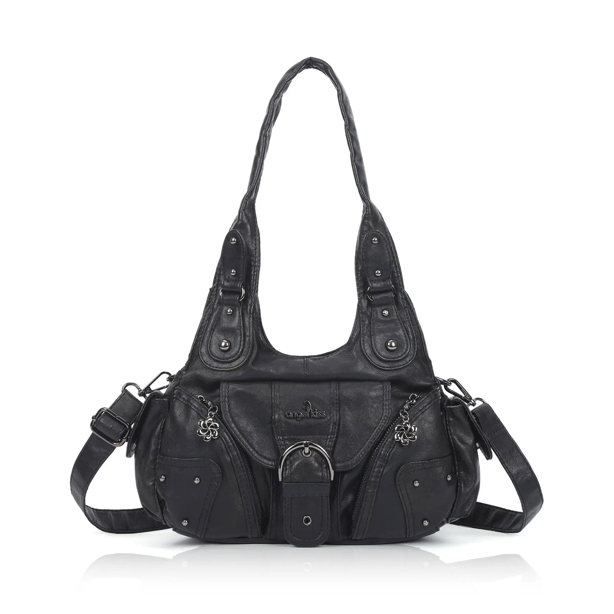 Vintage Moto Buckle-Front Hobo Shoulder Bag