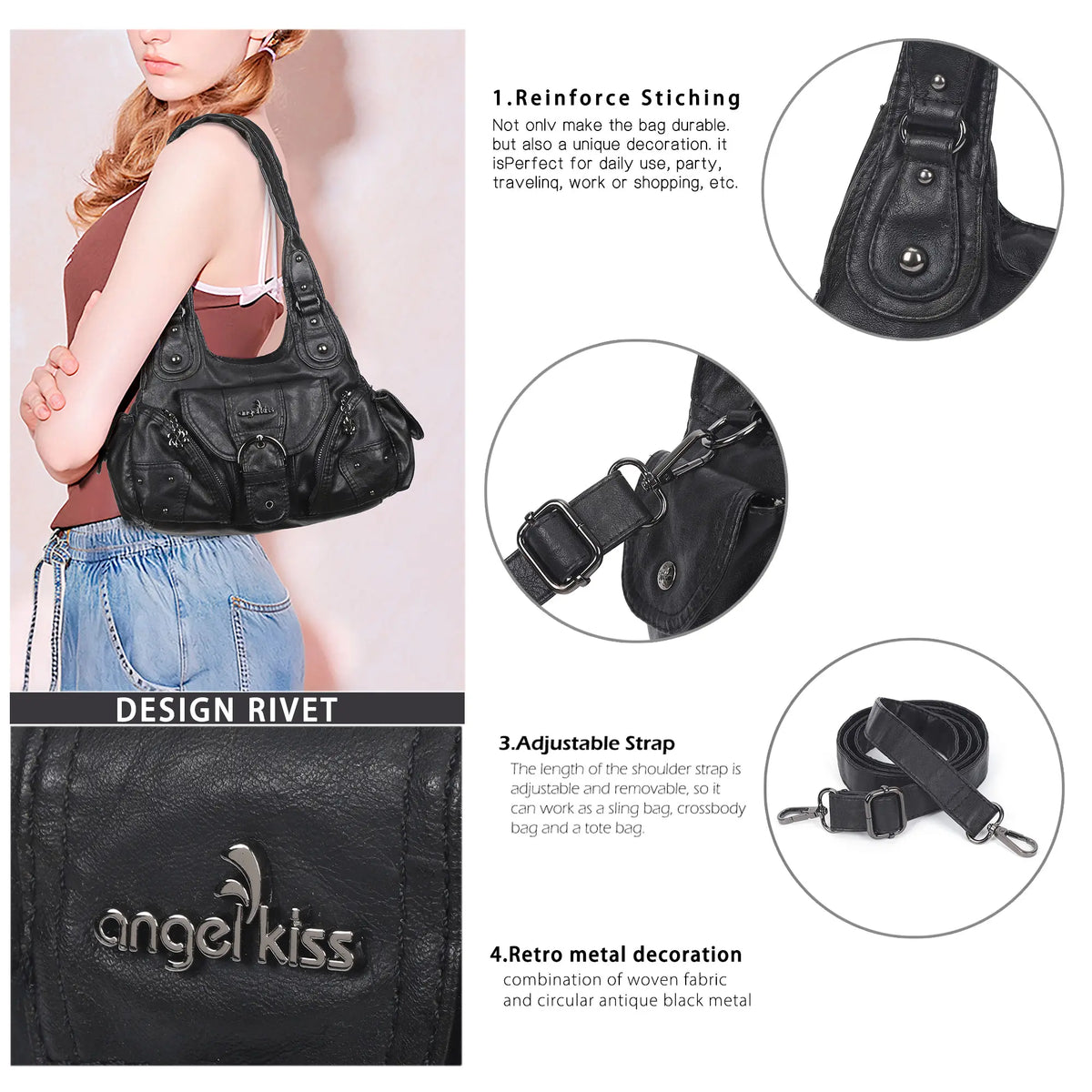 Vintage Moto Buckle-Front Hobo Shoulder Bag