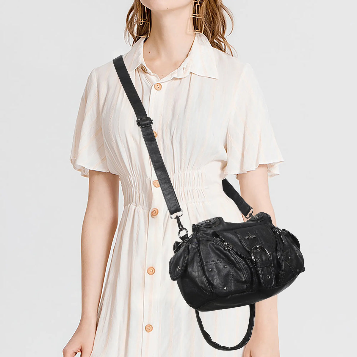Vintage Moto Buckle-Front Hobo Shoulder Bag